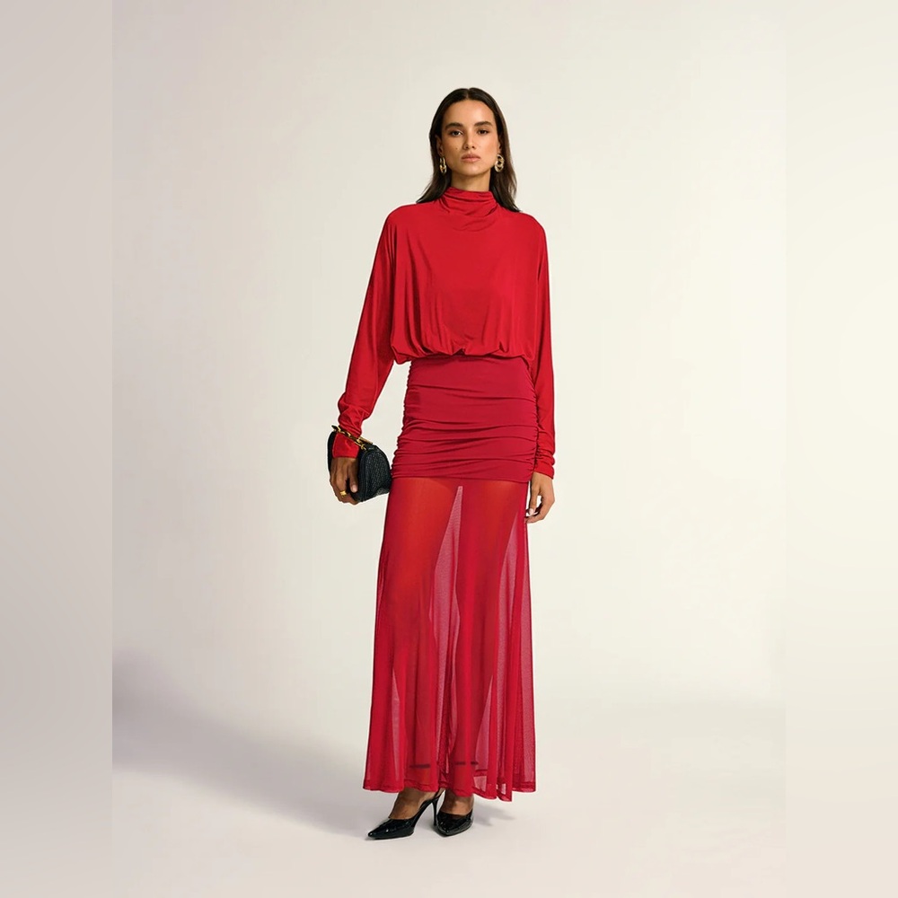 Commense Red Maxi Dress with Sheer Skirt